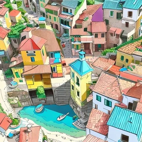 A cartoon style of Cinque Terre Town in Italy but perspective from above birds eye looking down / edgy / modern /possibly twisted buildings / square or vertical format / may or may not include sea . I