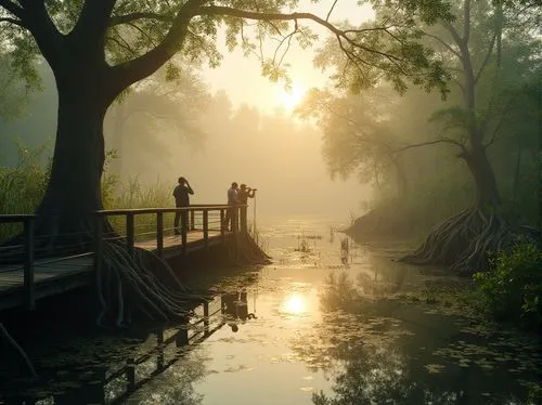 Wetland scenery, misty morning, soft golden light, lush green vegetation, diverse species of aquatic plants, twisted tree roots, murky waters, wooden boardwalk, observation deck, birdwatchers with bin