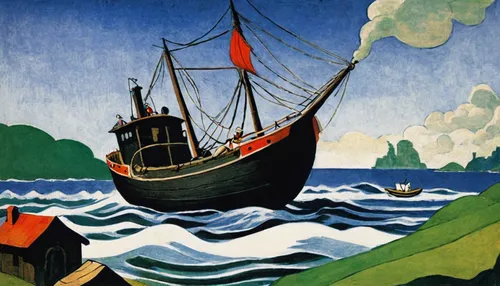 Compose a thrilling adventure where Popeye and his friends embark on a dangerous journey to rescue Swee'Pea.,david bates,wherry,boat landscape,boat on sea,braque francais,regatta,two-handled sauceboat