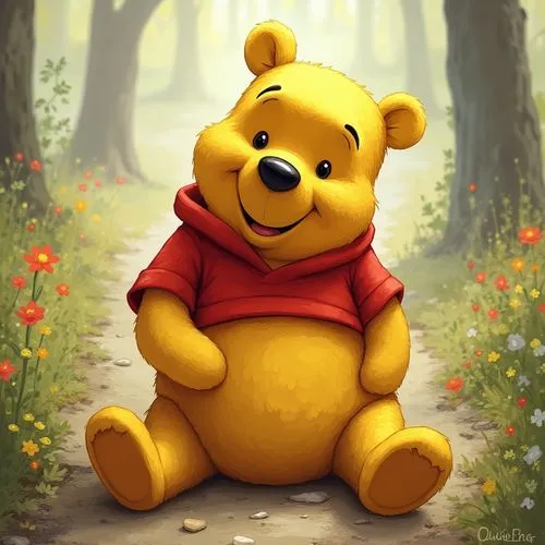 Pooh bear,a yellow teddy bear sitting in the woods on a path,pooh,winnie,pudsey,cute bear,teddy bear waiting,bamse