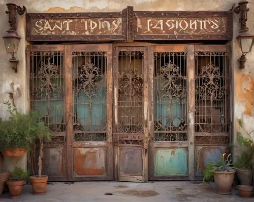 Abandoned architectural salvage yard, San Diego, CA, vintage rusty gates, worn wooden planks, distressed metal roofs, eclectic mix of salvaged doors, windows, and columns, weathered stonework, old fac