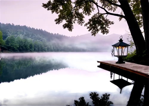 Scenic landscape, misty atmosphere, foggy mountains, serene lake, wooden dock, vintage lanterns, lush greenery, tall trees, rustling leaves, morning dew, soft sunlight filtering through trees, panoram