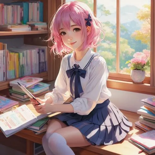 natsuki,study room,girl studying,kofuku,reading,book collection,mandoki,book store,library book,toshiyori,bookstore,bibliophile,bookworm,desk,tutor,schoolbreak,read a book,school desk,classroom,natsuko,Illustration,Realistic Fantasy,Realistic Fantasy 12