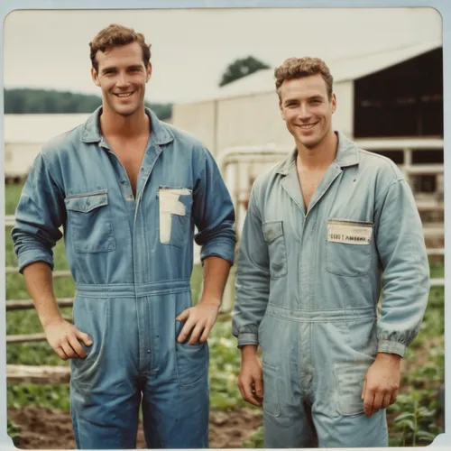 two shirtless white American men at a dairy farm. both smiling and wearing boilersuit,coveralls,farmers,farm workers,blue-collar,overalls,farming,construction workers,aggriculture,blue-collar worker,f