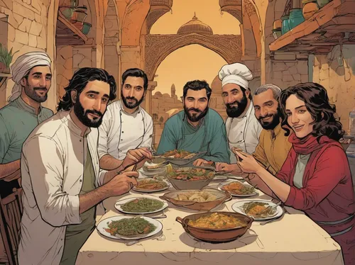 holy supper,christ feast,last supper,middle-eastern meal,ramadan,passover,pesach,eid-al-adha,soup kitchen,middle eastern food,iranian cuisine,nativity of jesus,jewish cuisine,iranian nowruz,genesis land in jerusalem,kabsa,kosher food,zoroastrian novruz,nativity of christ,iftar,Illustration,Vector,Vector 04