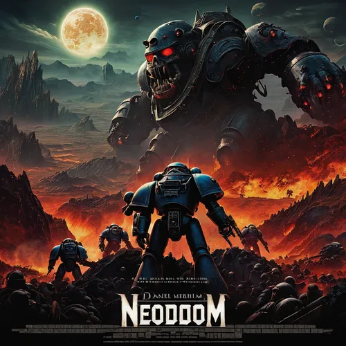 a poster from a cinema movie with the monsters of classical doom in a battle against space marines in a hellish landscape with the name of the movie being "NeoDooM The Movie",cd cover,neoplasm,armaged