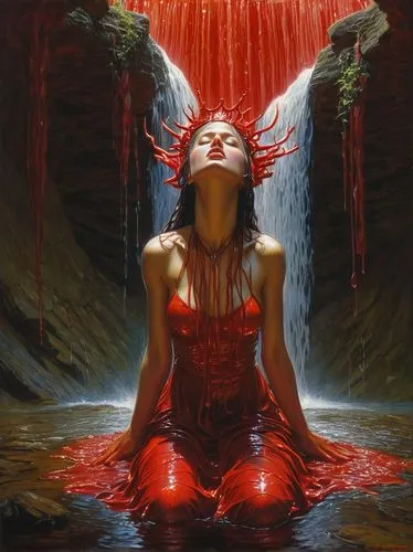 struzan,red,water nymph,root chakra,woman at the well,angel's tears,immersed,savickas,trickling,elektra,melisandre,rusalka,menstruation,enthrall,water fall,red matrix,vermelho,cascading,invoking,siren,Illustration,Realistic Fantasy,Realistic Fantasy 03