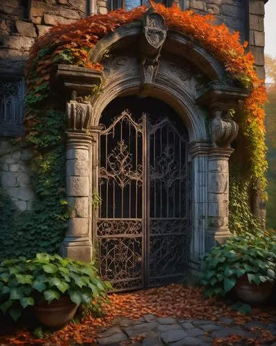 Ancient, abandoned, European-style mansion, worn-out stone walls, overgrown ivy, broken windows, creaky wooden door, intricate carvings, ornate facade, rusty metal gate, surrounding dense forest, autu