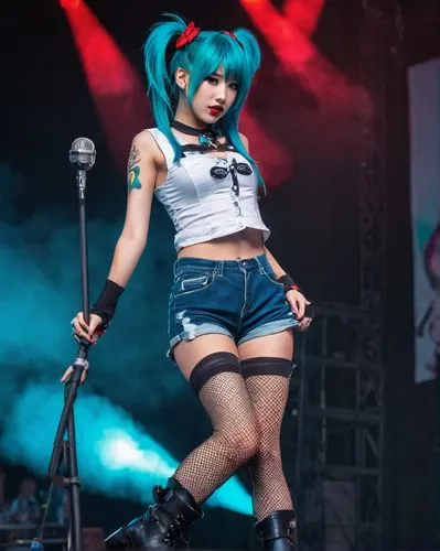 hatsune miku,miku,rockabella,harley quinn,mikuru asahina,performing,2d,blue hair,aqua,vocaloid,hips,cosplay image,rocker,thighs,poison,goth festival,skort,denim skirt,harley,fierce,Conceptual Art,Sci-Fi,Sci-Fi 07