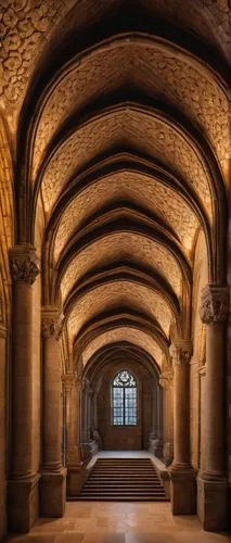 Groin, architectural detail, intersection of two barrel vaults, curved lines, stonework, ornate carvings, medieval style, Gothic influence, dimly lit, warm ambient lighting, soft shadows, high ceiling