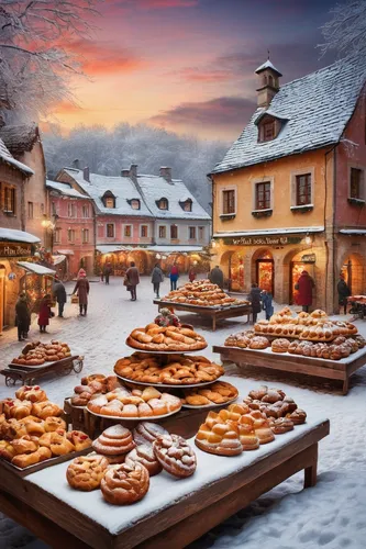 Paint a picture of a snowy village square, adorned with stalls selling mouthwatering Christmas pastries.,christmas market,lebkuchen,winter village,pastries,bakery,medieval market,alpine village,pâtiss