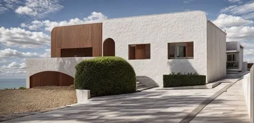  Mediterranean, clouds, wind, Fig trees, Olive trees, violet lavender flowers in the background, soft morning light, white textured wall, walnut timber batten, stone paving, black metal window frame, 