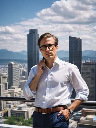 Male architect, standing, serious expression, black-rimmed glasses, short brown hair, white shirt, rolled-up sleeves, dark blue trousers, leather belt, holding blueprints, pencil behind ear, modern sk