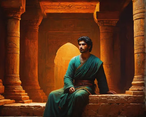 persian poet,middle eastern monk,pilate,biblical narrative characters,indian art,orientalism,aladha,the ancient world,2nd century,prophet,kabir,world digital painting,orange robes,joseph,ibn tulun,king david,indian monk,makhtesh,panch phoron,ḡalyān,Art,Classical Oil Painting,Classical Oil Painting 44