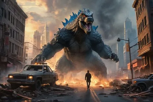 godzilla,drexel,king kong,kong,extinction,doomsday,saurian,apocalypse,apocalyptic,tyrannosaurus,sci fiction illustration,outbreak,landmannahellir,concept art,the pollution,world digital painting,cg artwork,gigantic,tyrannosaurus rex,roadblock,Photography,Artistic Photography,Artistic Photography 07