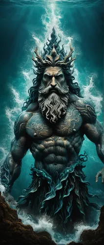 sea god,god of the sea,poseidon god face,poseidon,merman,water creature,sea man,merfolk,sea monsters,sea devil,kraken,triton,neptune,lord shiva,the man in the water,deep sea,the bottom of the sea,mergus,under sea,el golfo,Illustration,Abstract Fantasy,Abstract Fantasy 19