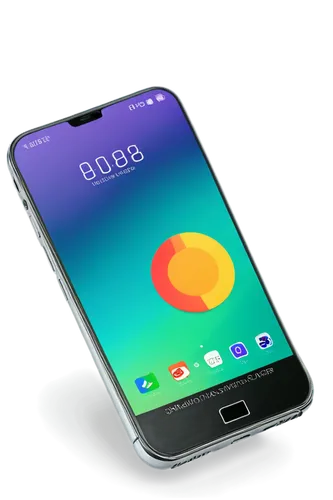 Modern smartphone, metallic body, silver edges, glossy screen, vibrant icons, 3/4 composition, slight reflection on screen, soft gradient lighting, shallow depth of field, close-up shot, slight blur e