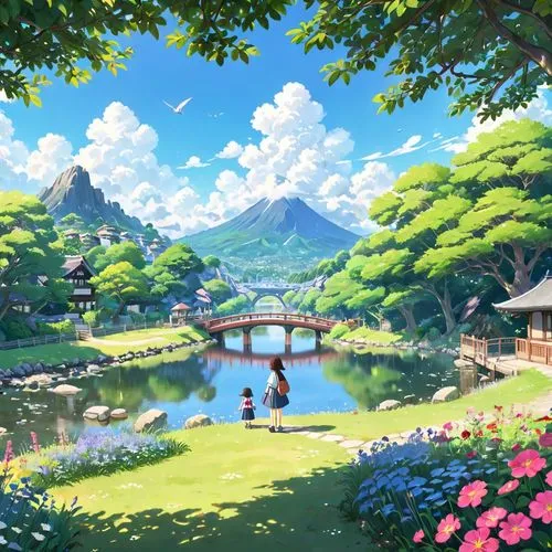 ghibli,landscape background,japanese sakura background,studio ghibli,springtime background,japan landscape,Anime,Anime,Traditional