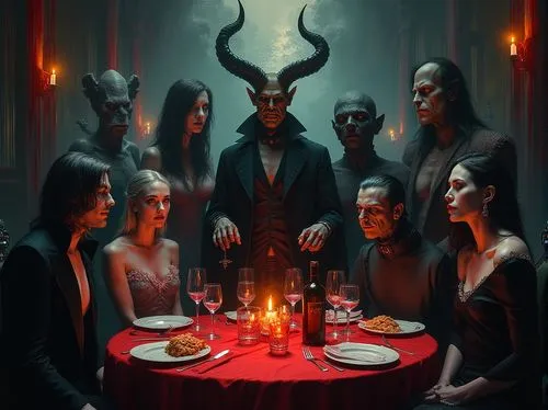 Dark Gothic Party at the Hotel Transylvania with Vampire, Demon, Necromancer, Headless Horseman, Lilith, Frankenstein's Monster, Bride of Frankenstein, Werewolf, Banshee, Dullahan, Poltergeist, Lethif