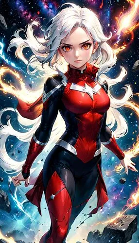 A realistic full-body portrayal of a female superhero inspired by the Phyla-Vell character with a red and black costume and white hair. She is depicted as a strong, athletic figure, symbolizing her po