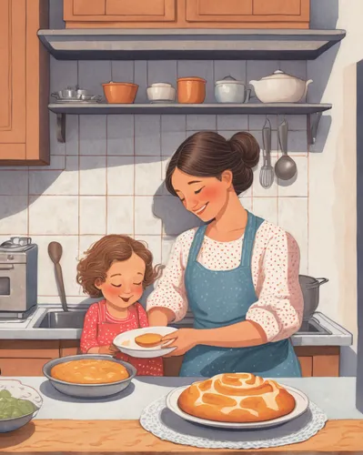 still life with jam and pancakes,girl in the kitchen,cooking book cover,domestic life,domestic,food and cooking,cooking,baking,woman holding pie,making food,spring pancake,red cooking,pancakes,hands holding plate,blogs of moms,kids illustration,book illustration,pancake week,little girl and mother,cookware and bakeware,Illustration,Children,Children 03