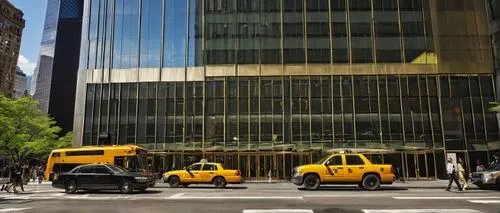 Modern skyscraper, Manhattan, NYC, sleek glass facade, steel beams, angular lines, luxurious lobby, marble floors, high ceilings, minimalist decor, busy streets, yellow cabs, pedestrians, suits, brief