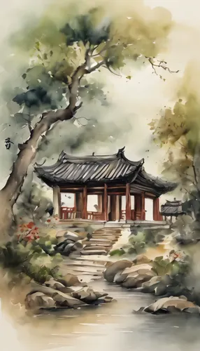 oriental painting,chinese art,chinese architecture,watercolor tea shop,the golden pavilion,asian architecture,chinese temple,golden pavilion,japanese garden ornament,xi'an,chinese background,chinese s