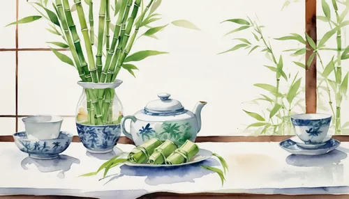 Describe a peaceful Asian-inspired tea room adorned with elegant arrangements of lucky bamboo.,watercolor tea shop,watercolor tea,watercolor tea set,bamboo plants,junshan yinzhen,watercolor background