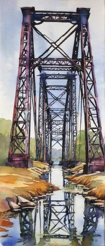 Original art for sale at UGallery.com | The Railroad Bridge by JUDY MUDD | $350 | Watercolor painting | 9' h x 12' w | http://www.ugallery.com/watercolor-painting-the-railroad-bridge,cantilever bridge