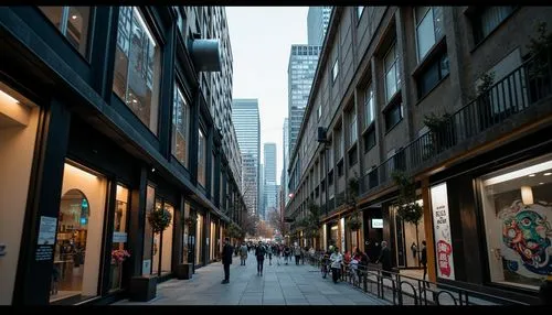 Modern cityscape, sleek skyscrapers, urban density, concrete jungle, steel beams, industrial chic, exposed ductwork, metallic tones, dark neutrals, neon accents, vibrant street art, bustling streets, 