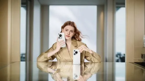 vitrine,receptionist,woman holding a smartphone,businesswoman,revolving door,looking glass,concierge,business woman,overcoat,woman in menswear,bussiness woman,vesper,olive in the glass,woman thinking,digital compositing,image manipulation,white-collar worker,woman sitting,blur office background,conceptual photography