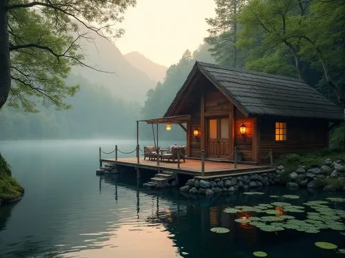 Plateau boathouse, wooden structure, rustic charm, surrounded by dense forest, overlooking serene lake, misty morning atmosphere, soft warm lighting, tranquil ambiance, 3/4 composition, shallow depth 