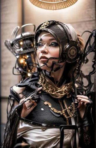 steampunk,steampunk gears,cyborg,biomechanical,streampunk,cyberpunk,cybernetics,cosplay image,harnessed,motorcycle helmet,asian costume,sci fi,voodoo woman,bicycle helmet,respirator,operator,humanoid,head woman,telephone operator,scifi