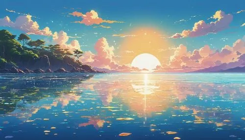 ocean background,ocean,landscape background,full hd wallpaper,ocean paradise,summer background,horizon,fantasy landscape,the endless sea,hd wallpaper,an island far away landscape,fantasia,delight island,cartoon video game background,sea,tropical sea,studio ghibli,uninhabited island,coast sunset,sea landscape,Illustration,Japanese style,Japanese Style 06