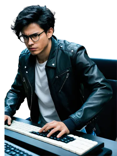 Hacker, male, solo, (25yo), messy black hair, thick-framed glasses, concentrated facial expression, black leather jacket, white shirt, dark jeans, sneakers, multiple monitors, keyboard, mouse, coding,