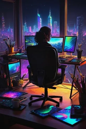 Digital artist, creative workspace, computer screen, Wacom tablet, stylus, colorful brushes, vibrant palette, futuristic background, neon lights, coding screens, algorithmic patterns, geometric shapes