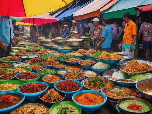 Imagine a traditional Indonesian dish being served at a vibrant street food market.,indonesian street food,burmese food,nasi uduk,laotian cuisine,market stall,nasi kandar,indonesian dish,nepalese cuis