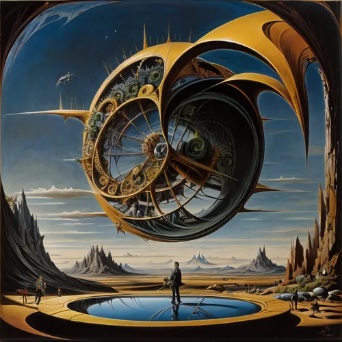 sinister,planet eart,copernican world system,stargate,futuristic landscape,geocentric,euclid,time spiral,clockmaker,armillary sphere,gyroscope,klaus rinke's time field,flow of time,orrery,planetary sy