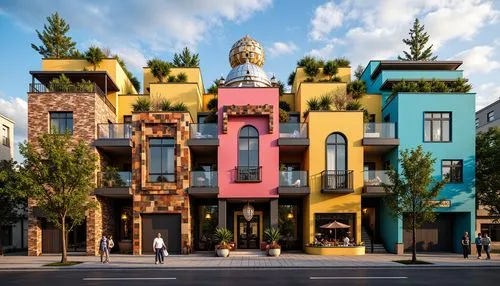 colorful facade,hanging houses,cube stilt houses,gaudi,hundertwasser,hotel w barcelona,beautiful buildings,the disneyland resort,barcellona,colorful city,urban design,gaudi park,townhouses,beverly hills,townhomes,passeig de gracia,kifissia,barcelona,cube house,rowhouses