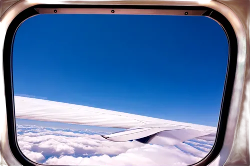 Airplane window, aerial view, blue sky, fluffy white clouds, wing of airplane, metal frame, glass reflection, morning light, soft focus, shallow depth of field, cinematic composition, warm color tone.