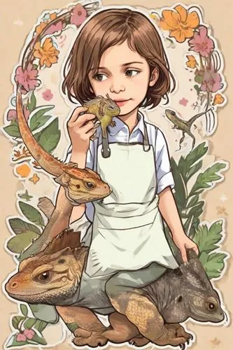 Una niña de 5 años, jugando con un dragón barbudo con babero y tenedor, estilo juvenil y divertido , anime cartoon, sticker ,kate greenaway,autumn icon,woodland salamander,fairy tale icons,fairy tale 