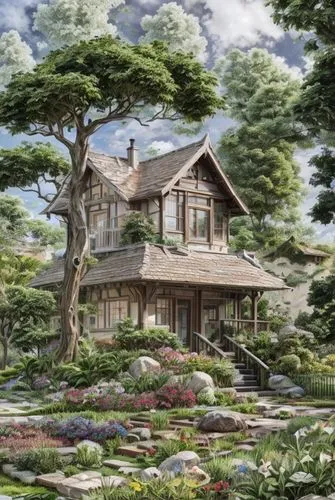 house in the forest,garden elevation,home landscape,japan garden,house in mountains,summer cottage,wooden house,country house,house in the mountains,japanese garden ornament,country cottage,japanese garden,house with lake,japanese architecture,cottage garden,ginkaku-ji,cottage,beautiful home,traditional house,violet evergarden,Landscape,Landscape design,Landscape space types,Private Residences
