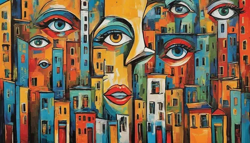 colorful city,multicolor faces,oil painting on canvas,tel aviv,faces,city ​​portrait,women's eyes,metropolis,african art,havana,milano,boho art,barcelona,casablanca,oil on canvas,cubism,cities,cairo,woman thinking,dali,Conceptual Art,Oil color,Oil Color 24