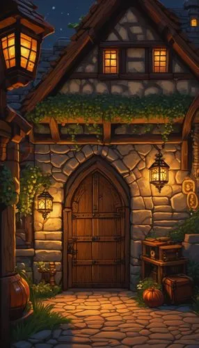 Cozy cottage, blocky texture, wooden furniture, stone walls, glowing lanterns, creeper-inspired decorations, pixelated paintings, minecart tracks, rusty gears, leather-bound tomes, enchanted bookshelv