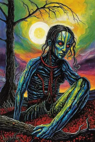 voodoo woman,neon body painting,days of the dead,lazaretto,stargrave,hag,shaman,primitive man,korn,orona,malakian,shamanic,moonsorrow,necrology,tantrik,samhain,oteil,pumpkinhead,deadhead,voodoo,Illustration,Realistic Fantasy,Realistic Fantasy 33