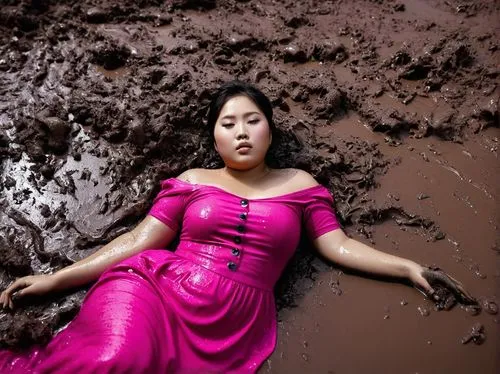 0907 A korean chubby girl wearing pink velvet button knit midi dress lying in deep mud of a river. she is all over mud and soaked,mudflow,mudslide,mudflows,chocolat,mud wall,chocoholic,ice chocolate,r