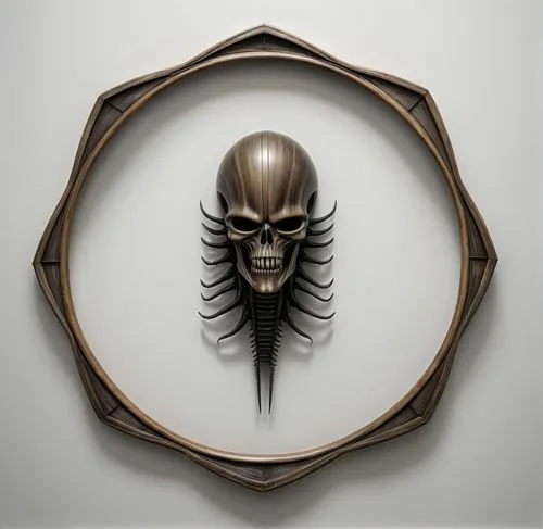 A frame made of wood against a white background,an art piece on display inside of a circle,emblem,car badge,heraldic shield,pioneer badge,insignia,trivium,Conceptual Art,Sci-Fi,Sci-Fi 02