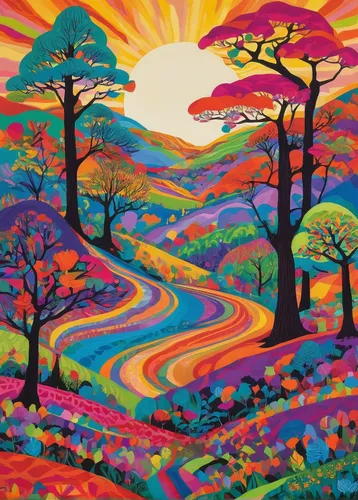 psychedelic art,colorful tree of life,fruit fields,psychedelic,mushroom landscape,tree grove,color fields,carol colman,brook landscape,purple landscape,pachamama,tapestry,khokhloma painting,shirakami-sanchi,high landscape,rainbow bridge,autumn landscape,forest landscape,hippie fabric,vibrant,Conceptual Art,Oil color,Oil Color 14