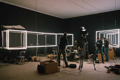 Job site: A fast-paced movie set with crew members setting up lights and cameras.,studio photo,scene lighting,scenography,video scene,in a studio,rental studio,video clip,behind the scenes,film studio