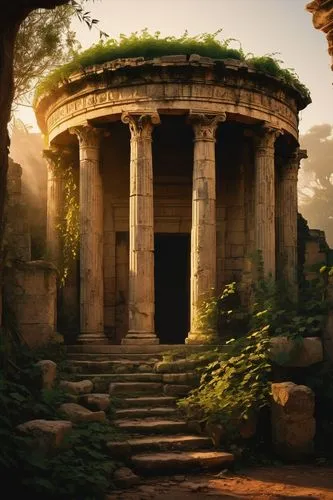 Ancient Greek temple, ornate columns, intricate carvings, crumbling stone walls, overgrown with vines, warm golden lighting, dramatic shadows, atmospheric mist, eerie silence, abandoned ruins, forgott